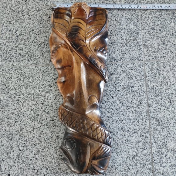 Abstract Wooden Mask Artwork VTG Hand Carved Wall Art Cobra Fish Man 20" - Picture 7 of 9